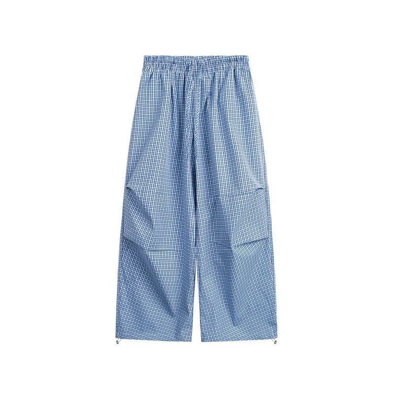Damen Weite Baumwollhose mit elastischem Bund, Karomuster und verstellbarer Saumkordel Nord Taschen