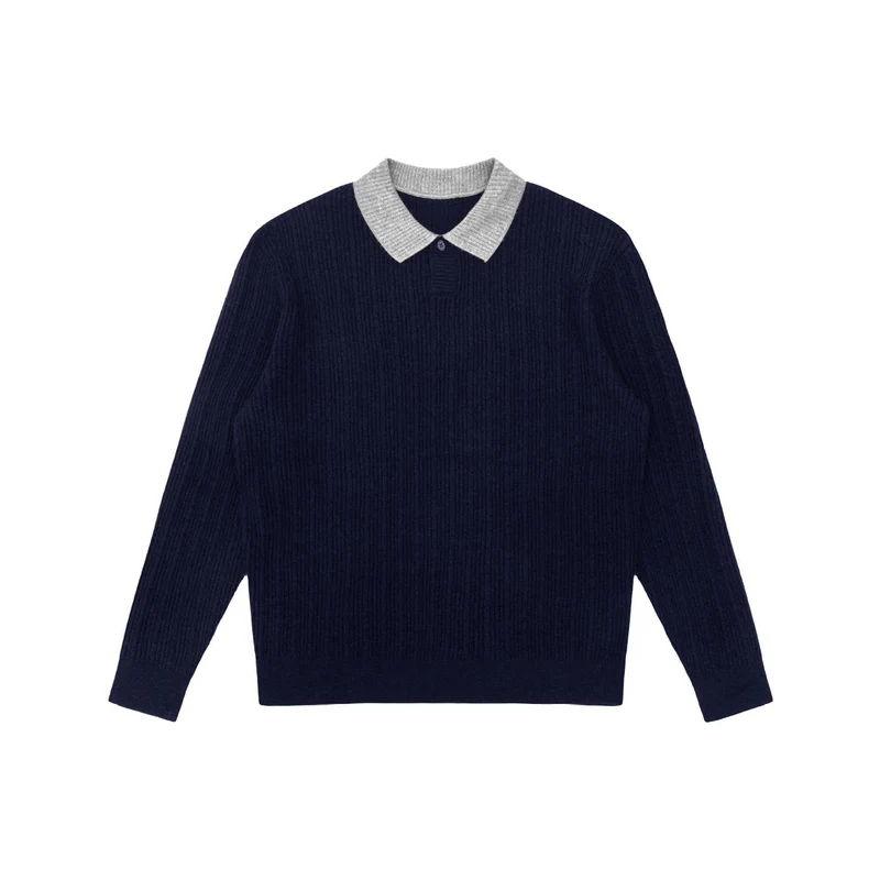 Herren Feinstrukturierter Rippstrick-Polo-Pullover mit Kontrastkragen Nord Taschen