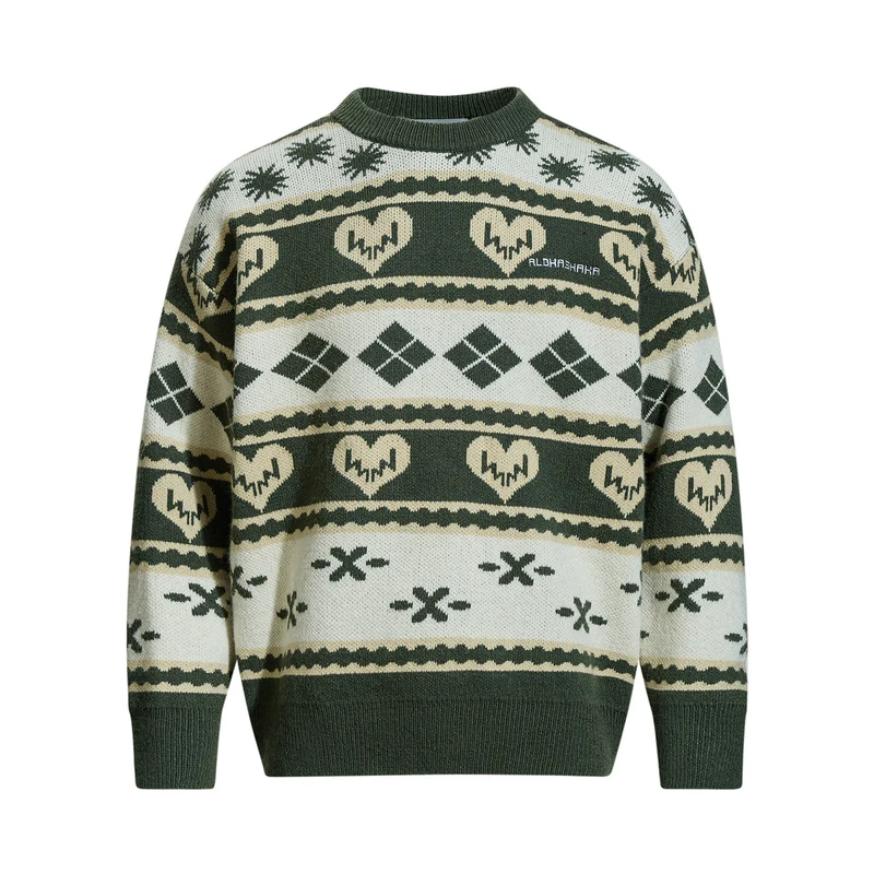 Herren Gemusterter Grobstrick-Pullover im Norwegerstil mit Rundhalsausschnitt Nord Taschen