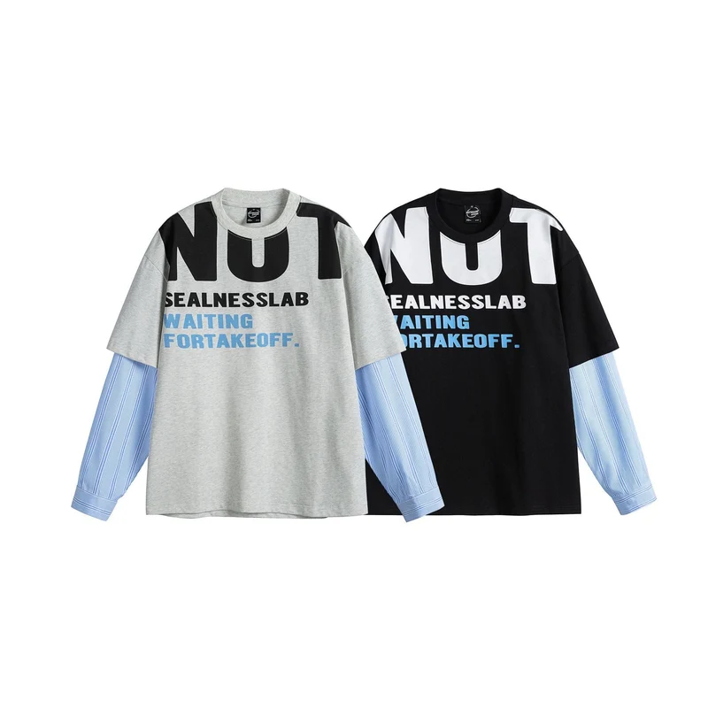 Damen Lagenlook T-Shirt mit eingearbeiteten Hemdärmeln und oversized Print Nord Taschen