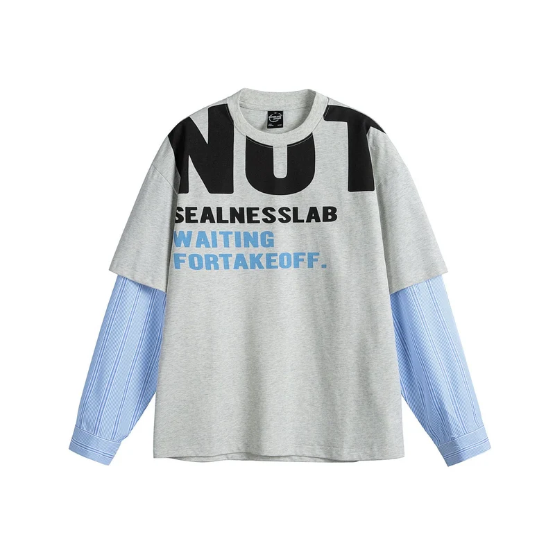 Damen Lagenlook T-Shirt mit eingearbeiteten Hemdärmeln und oversized Print Nord Taschen