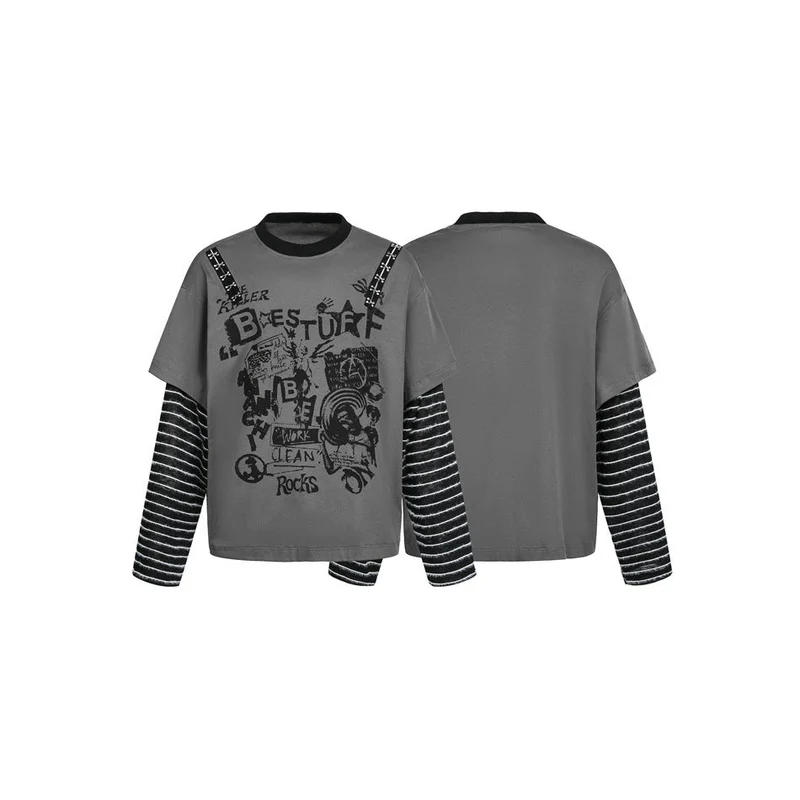 Damen Lagenlook-T-Shirt mit gestreiften Ärmeln und Graffiti-Print Nord Taschen