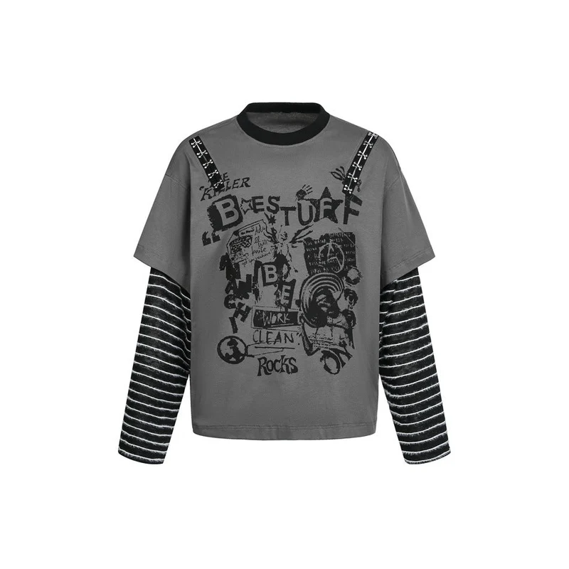 Damen Lagenlook-T-Shirt mit gestreiften Ärmeln und Graffiti-Print Nord Taschen