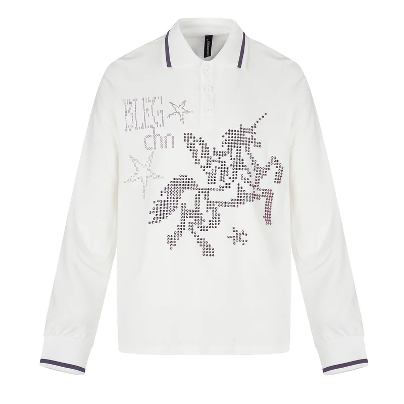 Damen Langarm-Poloshirt mit Strass-Applikation und kontrastierenden Bündchen Nord Taschen