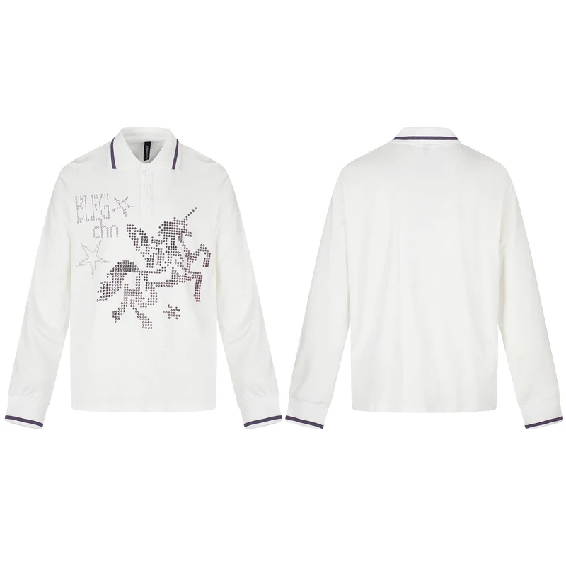Damen Langarm-Poloshirt mit Strass-Applikation und kontrastierenden Bündchen Nord Taschen