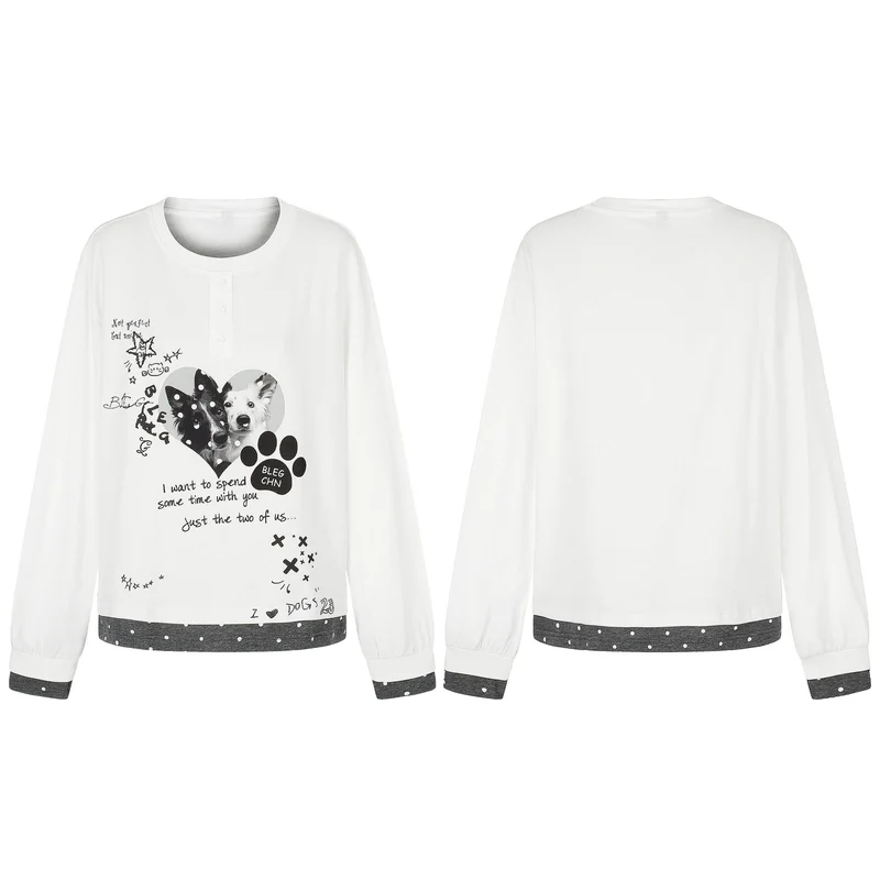 Damen Langarm-Pyjama-Top mit halbnaher Knopfleiste, Herz-Hundeprint und kontrastiertem Bündchen Nord Taschen