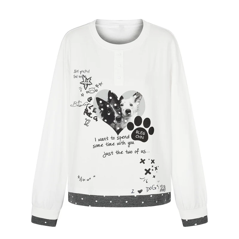 Damen Langarm-Pyjama-Top mit halbnaher Knopfleiste, Herz-Hundeprint und kontrastiertem Bündchen Nord Taschen