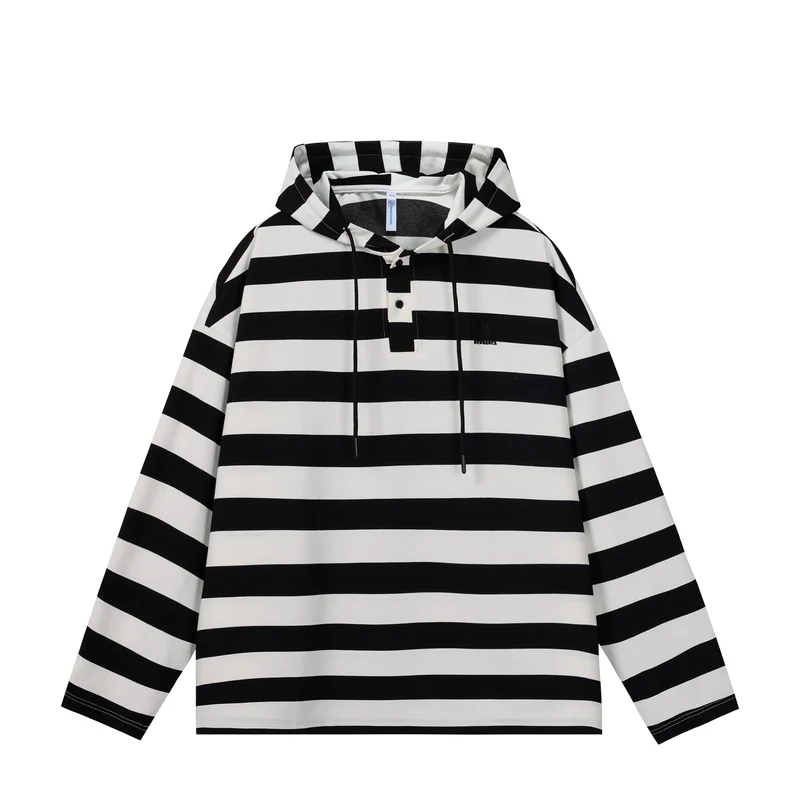 Herren Gestreiftes Kapuzen-Rugbyshirt im Oversize-Schnitt mit Knopfleiste Nord Taschen