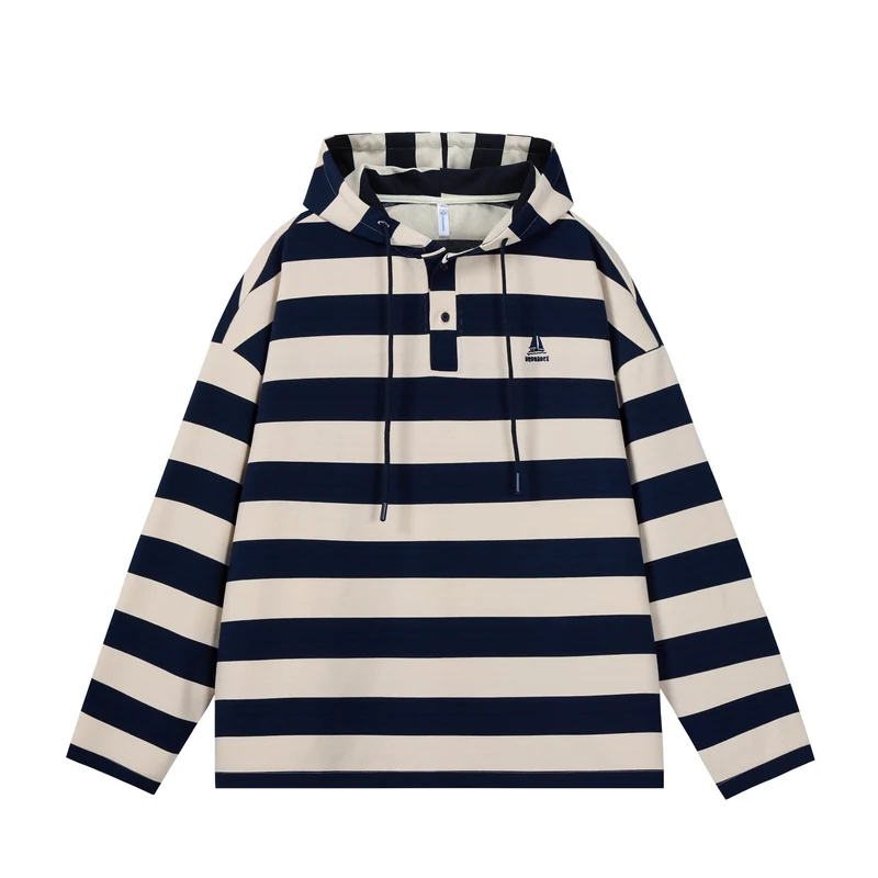 Herren Gestreiftes Kapuzen-Rugbyshirt im Oversize-Schnitt mit Knopfleiste Nord Taschen