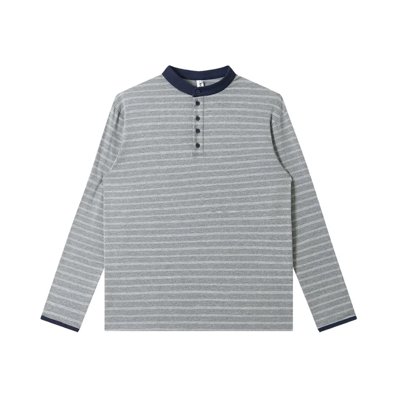 Herren Gestreiftes Langarm-Henleyshirt mit Stehkragen und feiner Ringelstruktur Nord Taschen