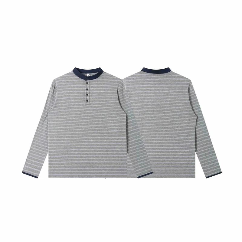 Herren Gestreiftes Langarm-Henleyshirt mit Stehkragen und feiner Ringelstruktur Nord Taschen