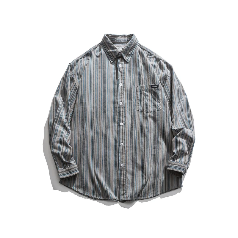 Herren Gestreiftes Leichtes Overshirt-Hemd mit Brusttasche und Kentkragen Nord Taschen
