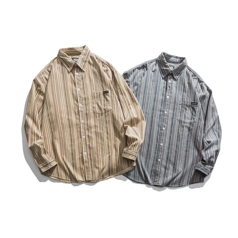 Herren Gestreiftes Leichtes Overshirt-Hemd mit Brusttasche und Kentkragen Nord Taschen