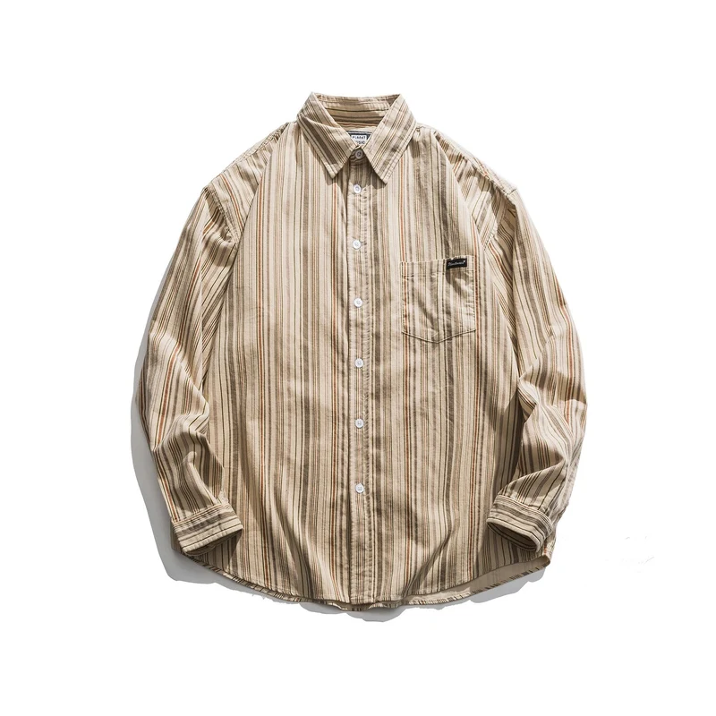 Herren Gestreiftes Leichtes Overshirt-Hemd mit Brusttasche und Kentkragen Nord Taschen