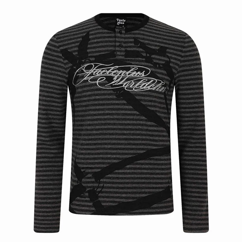 Herren Gestreiftes Longsleeve-Henley mit Knopfleiste und Typo-Print Nord Taschen