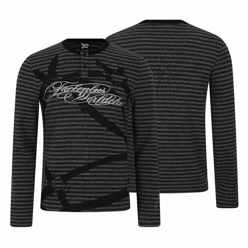 Herren Gestreiftes Longsleeve-Henley mit Knopfleiste und Typo-Print Nord Taschen