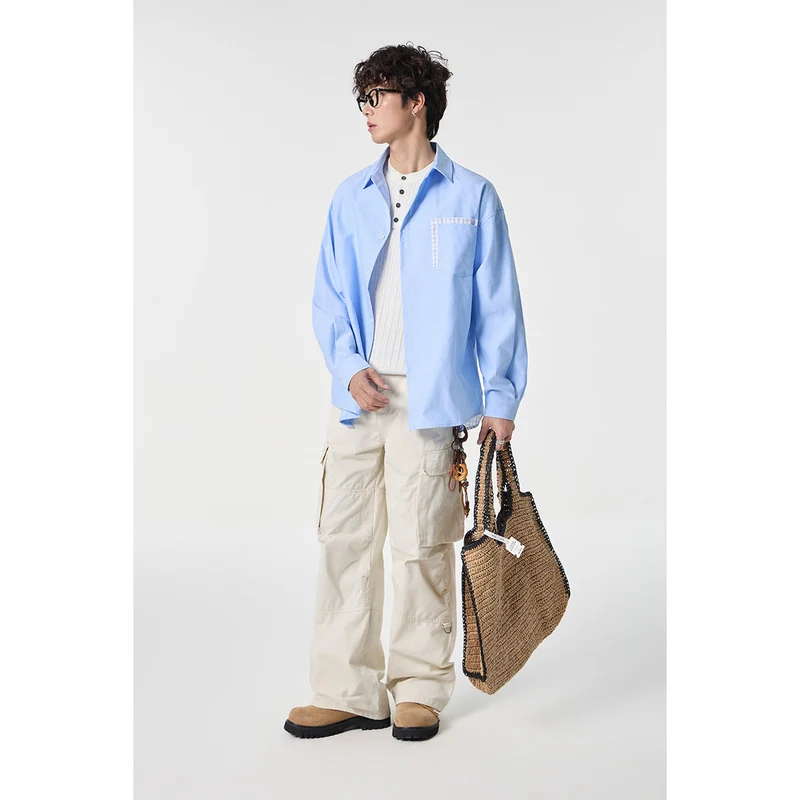 Damen Oversize Baumwoll-Hemd mit Karobesatz an Brusttasche und Saum Nord Taschen