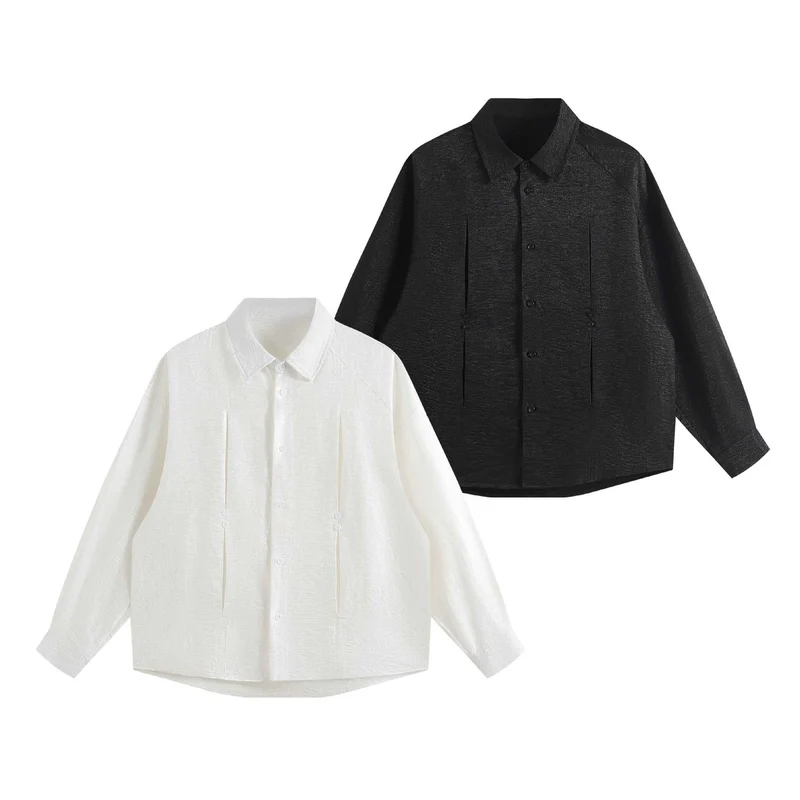 Damen Oversize-Hemdbluse aus strukturierter Baumwollmischung mit Kellerfalten Nord Taschen