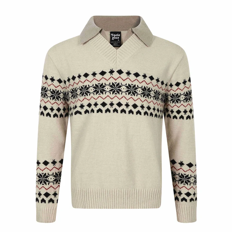 Herren Norweger-Strickpullover mit V‑Ausschnitt und kontrastierendem Hemdkragen Nord Taschen