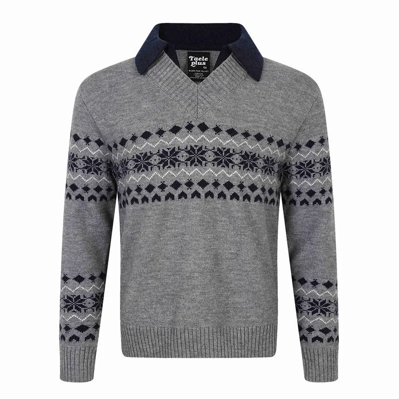 Herren Norweger-Strickpullover mit V‑Ausschnitt und kontrastierendem Hemdkragen Nord Taschen