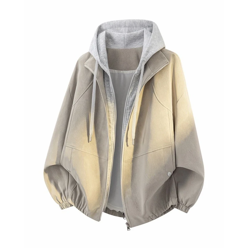 Damen Oversize Kapuzenjacke mit zweilagiger Kontrastkapuze und elastischem Saum Nord Taschen