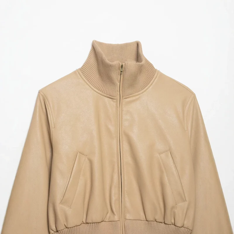 Damen Kurz geschnittener Lederblouson mit hohem Rippkragen Nord Taschen