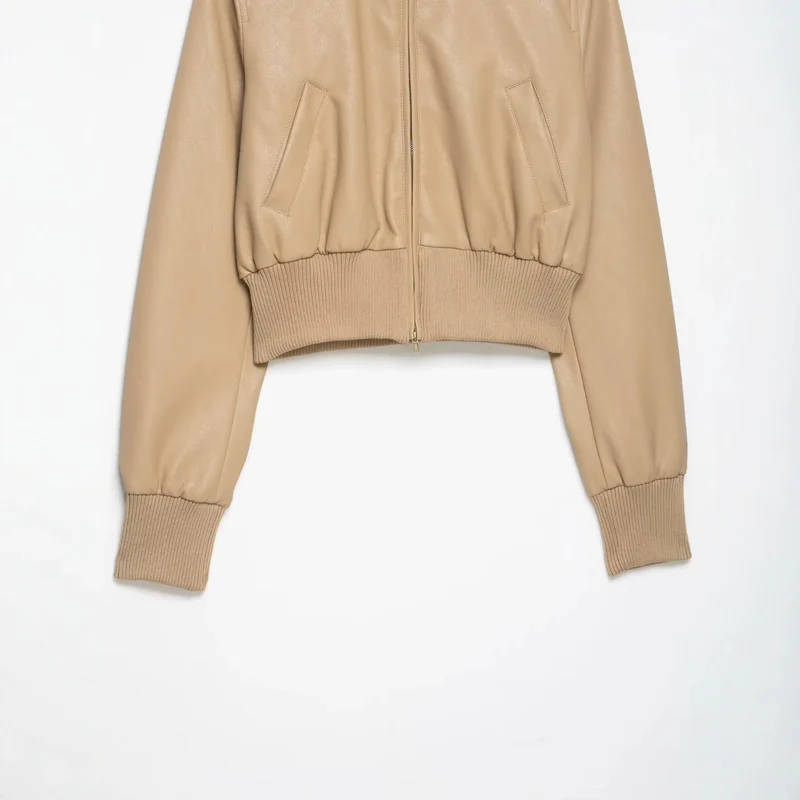 Damen Kurz geschnittener Lederblouson mit hohem Rippkragen Nord Taschen