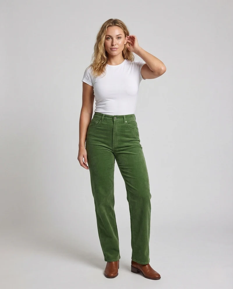 Damen Cordhose High Waist Gerades Bein Gesäßtaschen