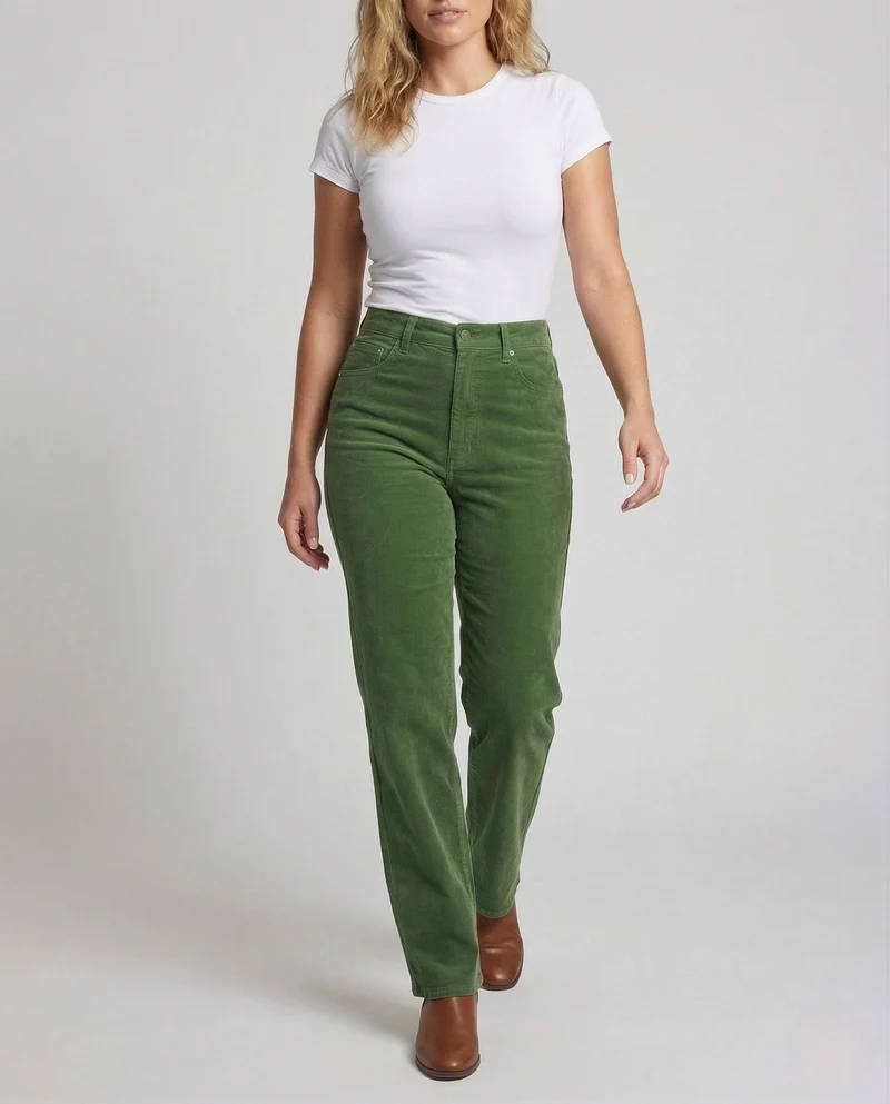 Damen Cordhose High Waist Gerades Bein Gesäßtaschen