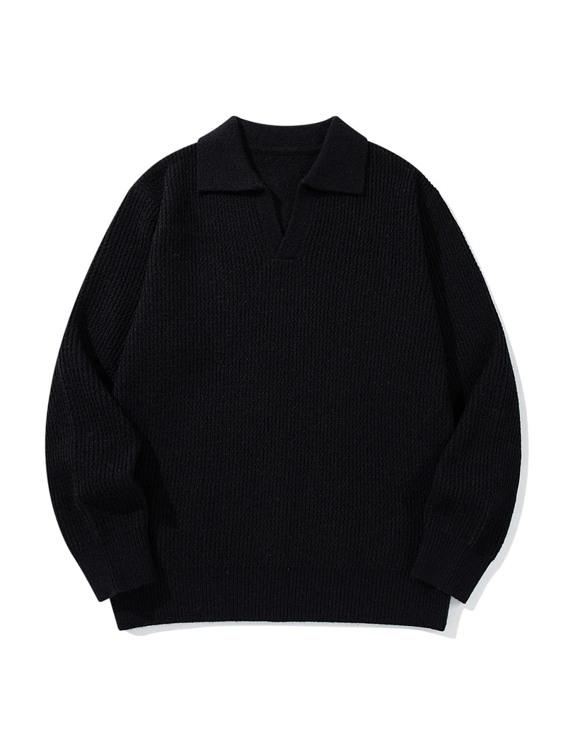 Herren Grobgestrickter Polokragen-Pullover mit V‑Ausschnitt und Rippenbündchen Nord Taschen