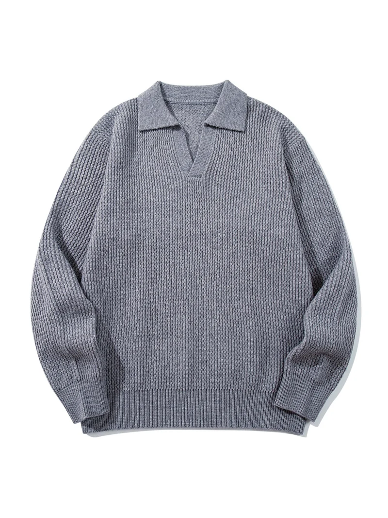 Herren Grobgestrickter Polokragen-Pullover mit V‑Ausschnitt und Rippenbündchen Nord Taschen