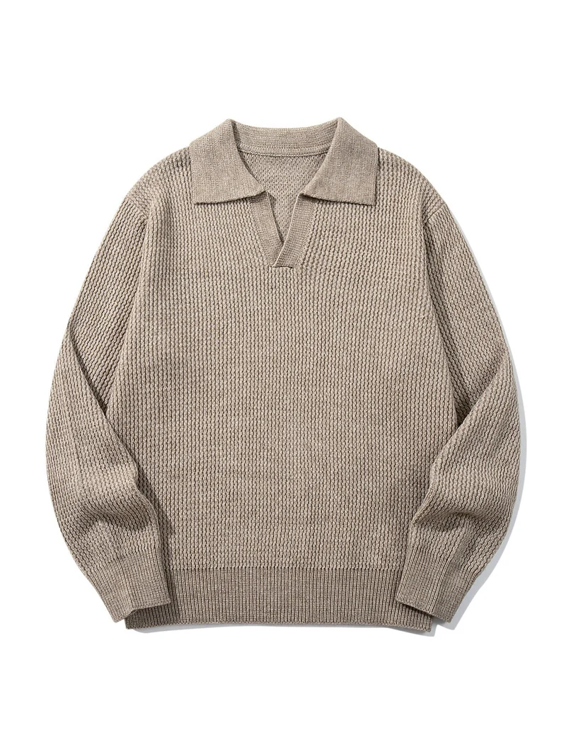 Herren Grobgestrickter Polokragen-Pullover mit V‑Ausschnitt und Rippenbündchen Nord Taschen