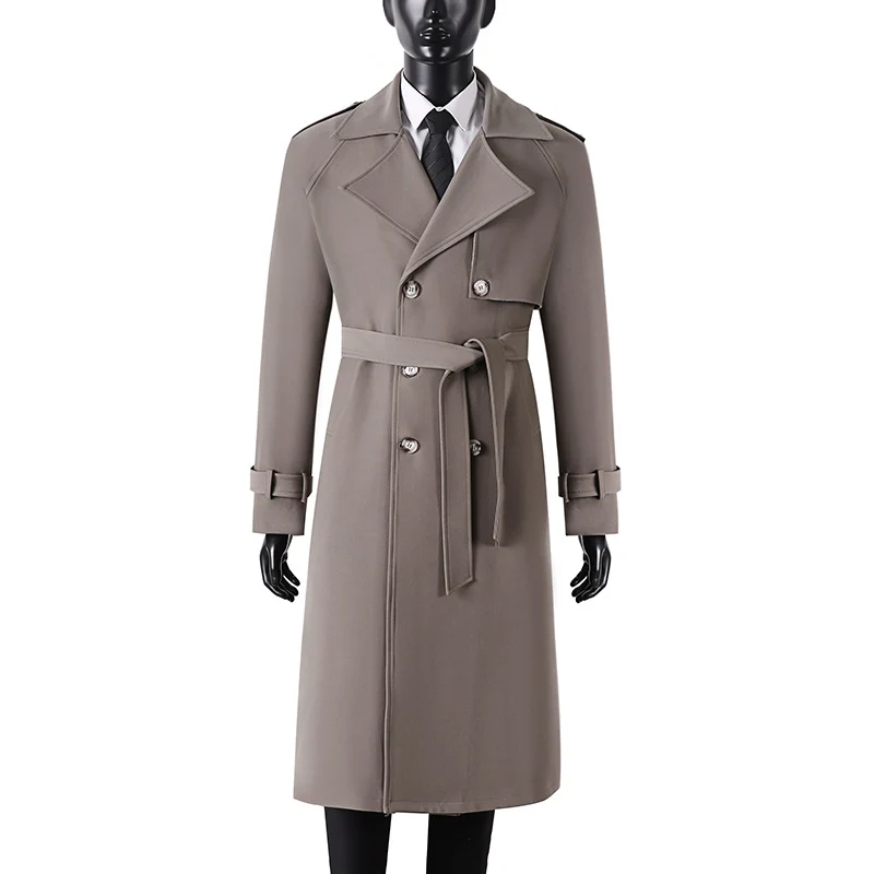 Herren Langer Minimalistischer Trenchcoat mit Sturmklappe Taillengürtel und verstellbaren Manschetten Nord Taschen