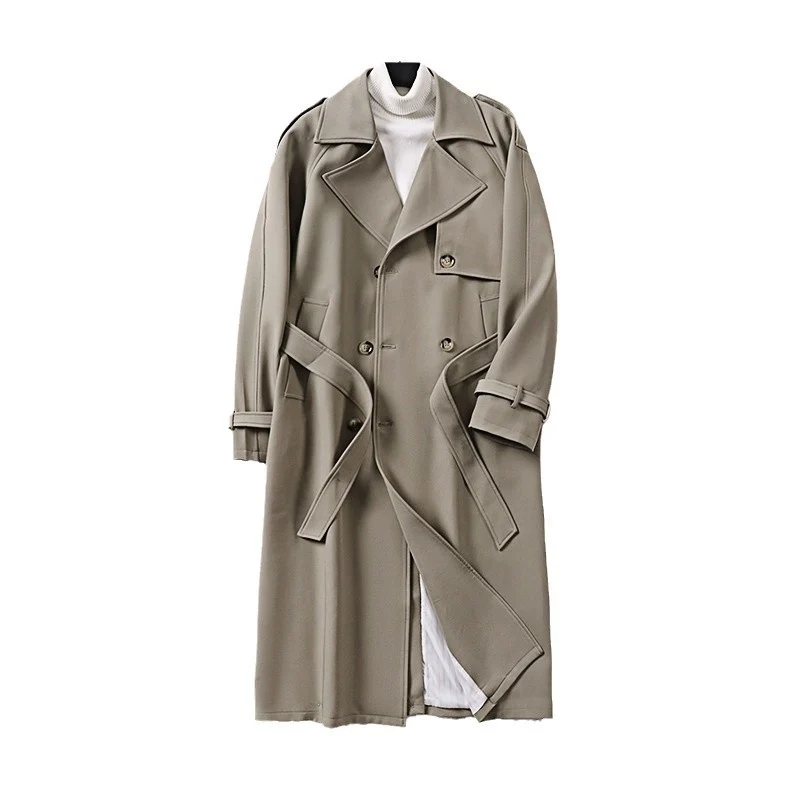 Herren Langer Minimalistischer Trenchcoat mit Sturmklappe Taillengürtel und verstellbaren Manschetten Nord Taschen
