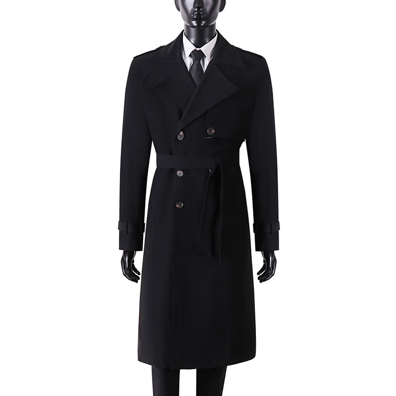 Herren Langer Minimalistischer Trenchcoat mit Sturmklappe Taillengürtel und verstellbaren Manschetten Nord Taschen