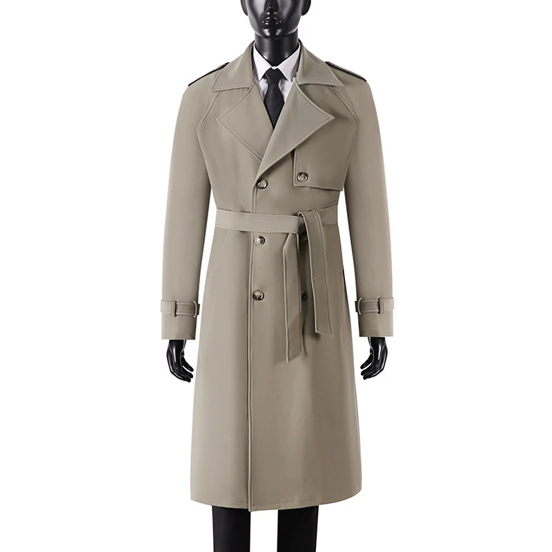 Herren Langer Minimalistischer Trenchcoat mit Sturmklappe Taillengürtel und verstellbaren Manschetten Nord Taschen
