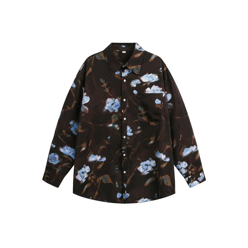 Damen Oversize-Hemdbluse mit abstraktem Blumenprint und aufgesetzter Brusttasche Nord Taschen