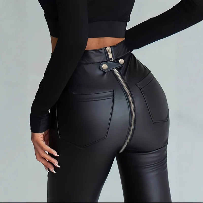 Damen Modische Kunstlederleggings mit Reißverschluss und Taillierung