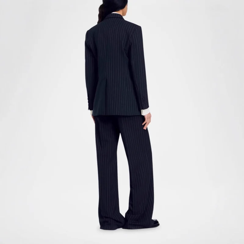 Damen Zweireihiger Nadelstreifen-Hosenanzug mit Oversize-Blazer und weitem Bundfaltenhose Nord Taschen
