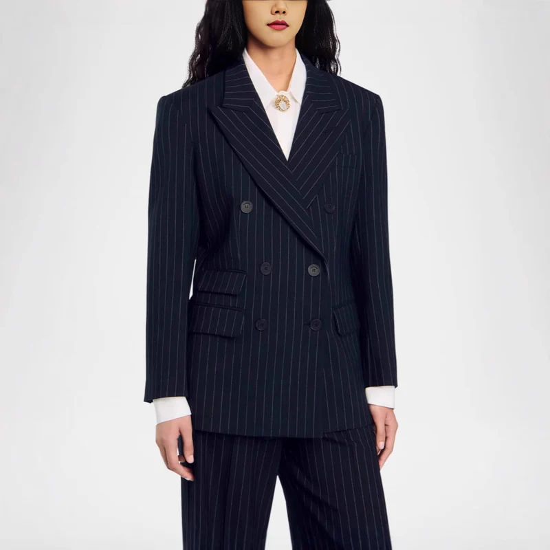 Damen Zweireihiger Nadelstreifen-Hosenanzug mit Oversize-Blazer und weitem Bundfaltenhose Nord Taschen
