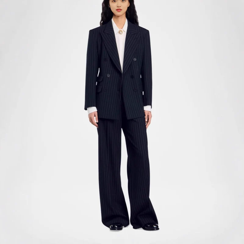 Damen Zweireihiger Nadelstreifen-Hosenanzug mit Oversize-Blazer und weitem Bundfaltenhose Nord Taschen