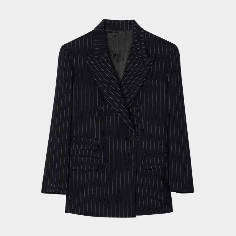 Damen Zweireihiger Nadelstreifen-Hosenanzug mit Oversize-Blazer und weitem Bundfaltenhose Nord Taschen