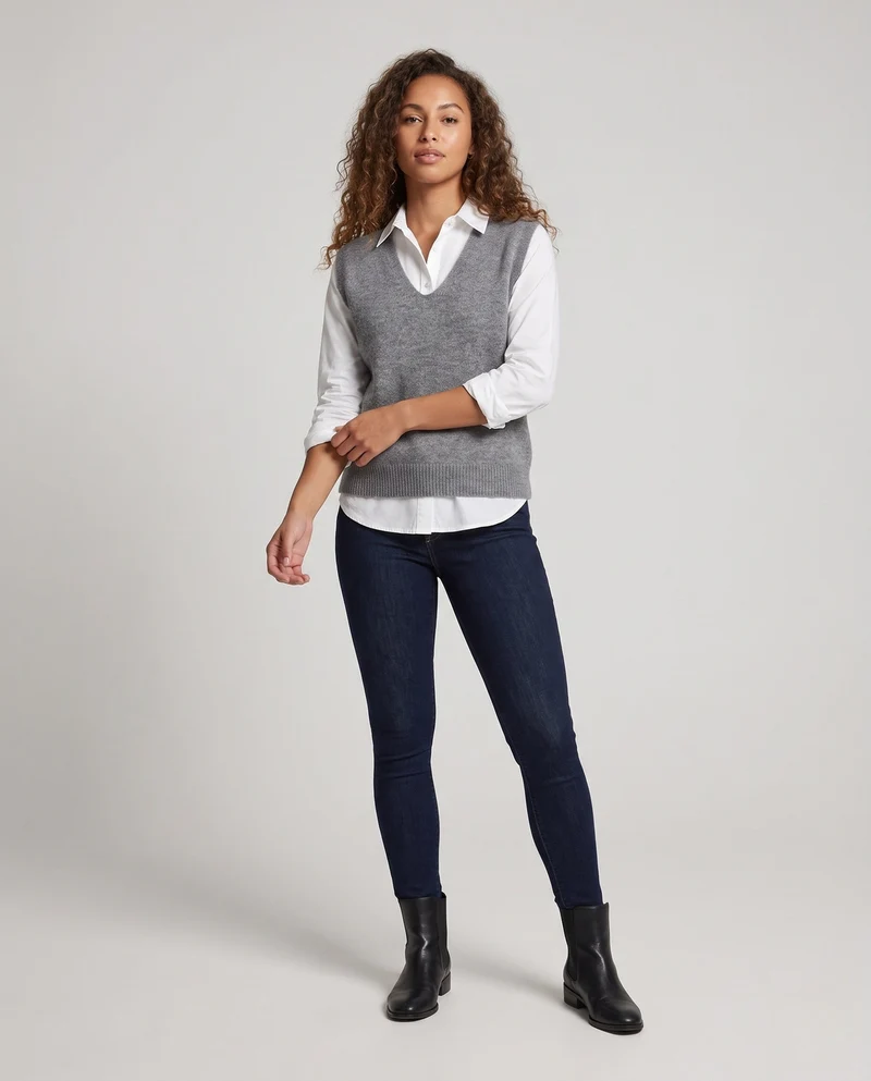 Damen Ärmellose Oversized Feinstrickweste mit tiefem V‑Ausschnitt und Nep‑Effekt Nord Taschen