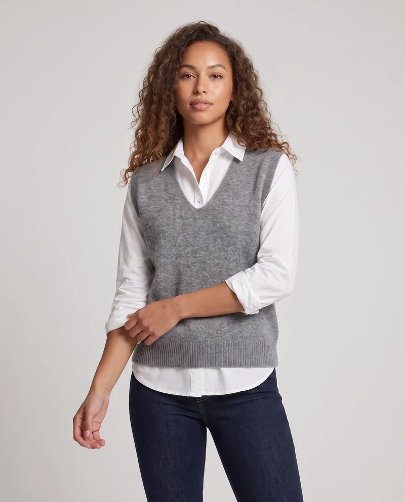 Damen Ärmellose Oversized Feinstrickweste mit tiefem V‑Ausschnitt und Nep‑Effekt Nord Taschen