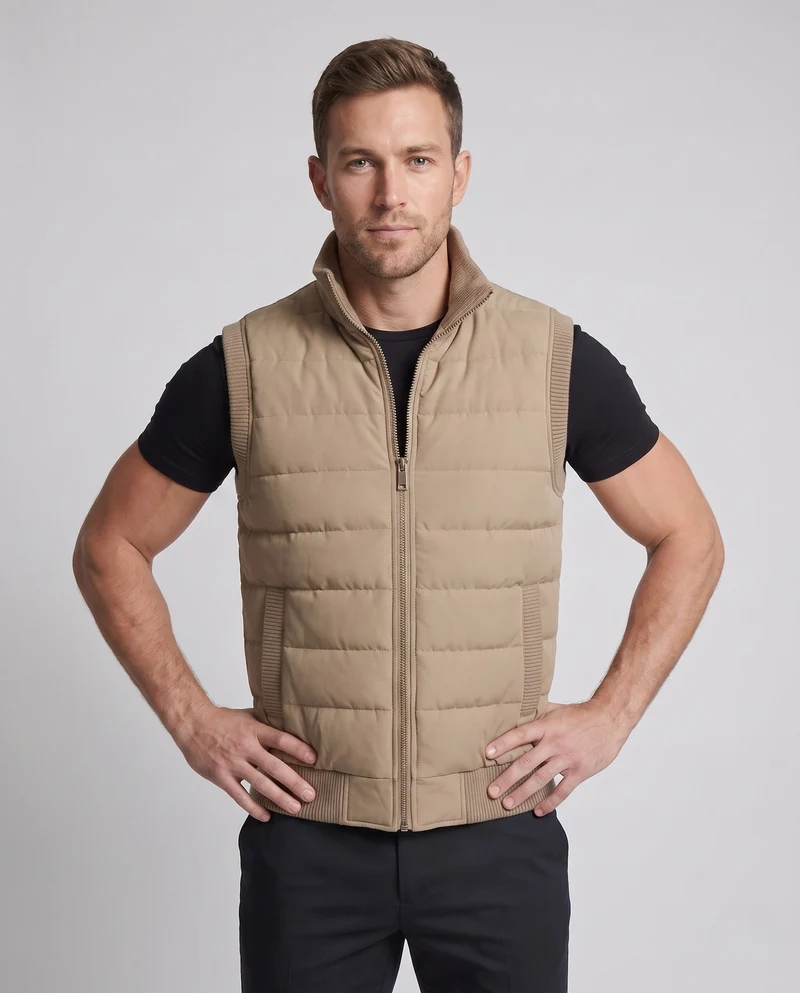 Männer Thermo-Isolationsweste mit Teddy-Fleece-Futter, Stehkragen und geripptem Saum