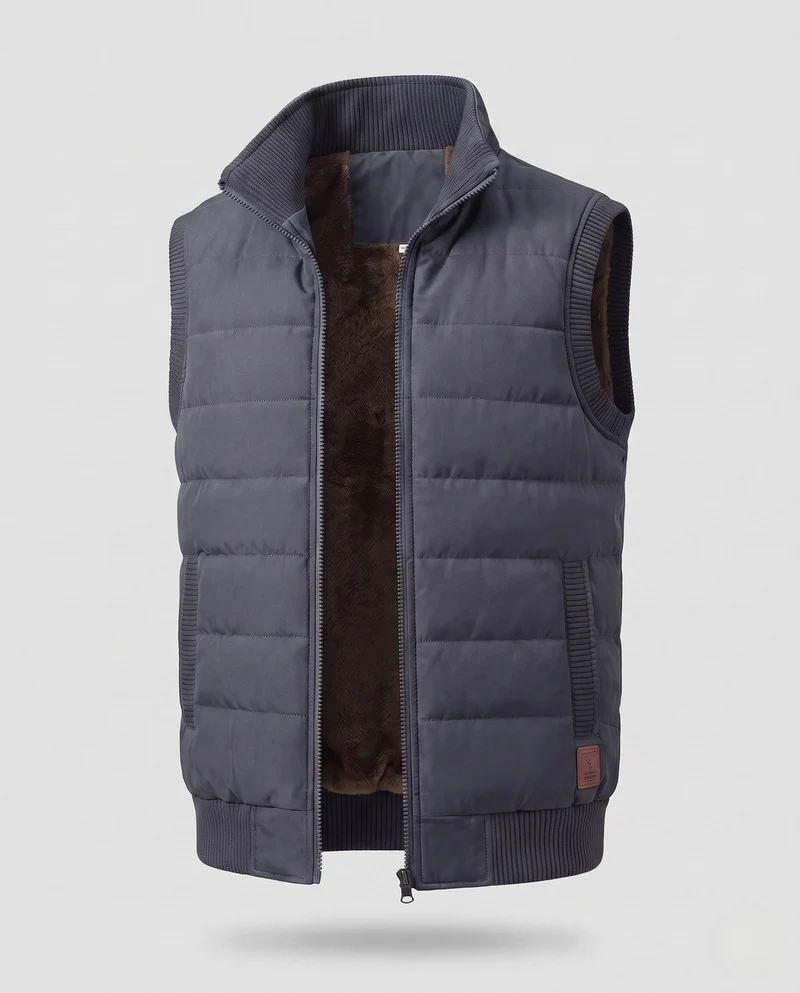 Männer Thermo-Isolationsweste mit Teddy-Fleece-Futter, Stehkragen und geripptem Saum