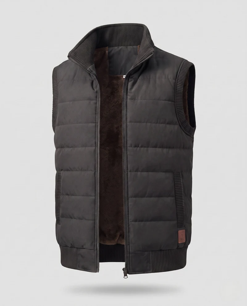 Männer Thermo-Isolationsweste mit Teddy-Fleece-Futter, Stehkragen und geripptem Saum