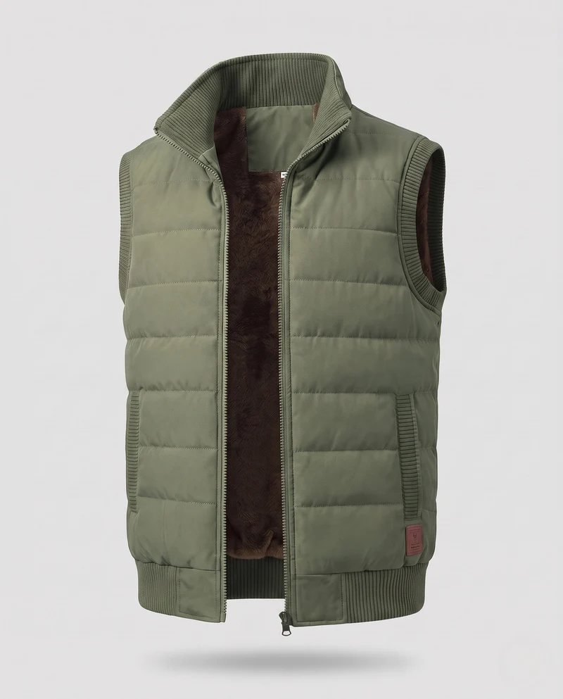 Männer Thermo-Isolationsweste mit Teddy-Fleece-Futter, Stehkragen und geripptem Saum