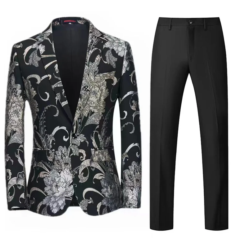 Damen Zweiteiliges Satin-Jacquard-Sakko mit floralem Muster und taillierter Passform sowie Slim-Fit Anzughose Nord Taschen
