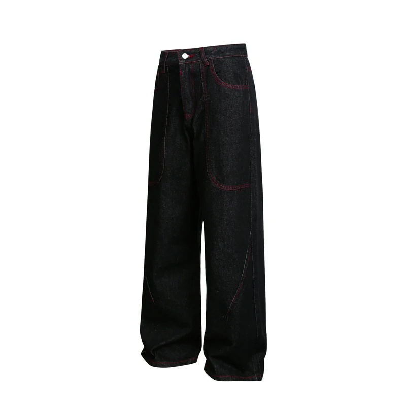 Damen weite Cropped-Denimhose mit hoher Taille und Kontrastnähten Nord Taschen